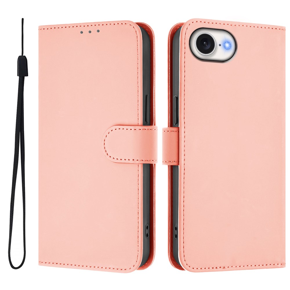 For iPhone 16e Case Solid Color Wallet Leather Phone Cover with Strap - Pink