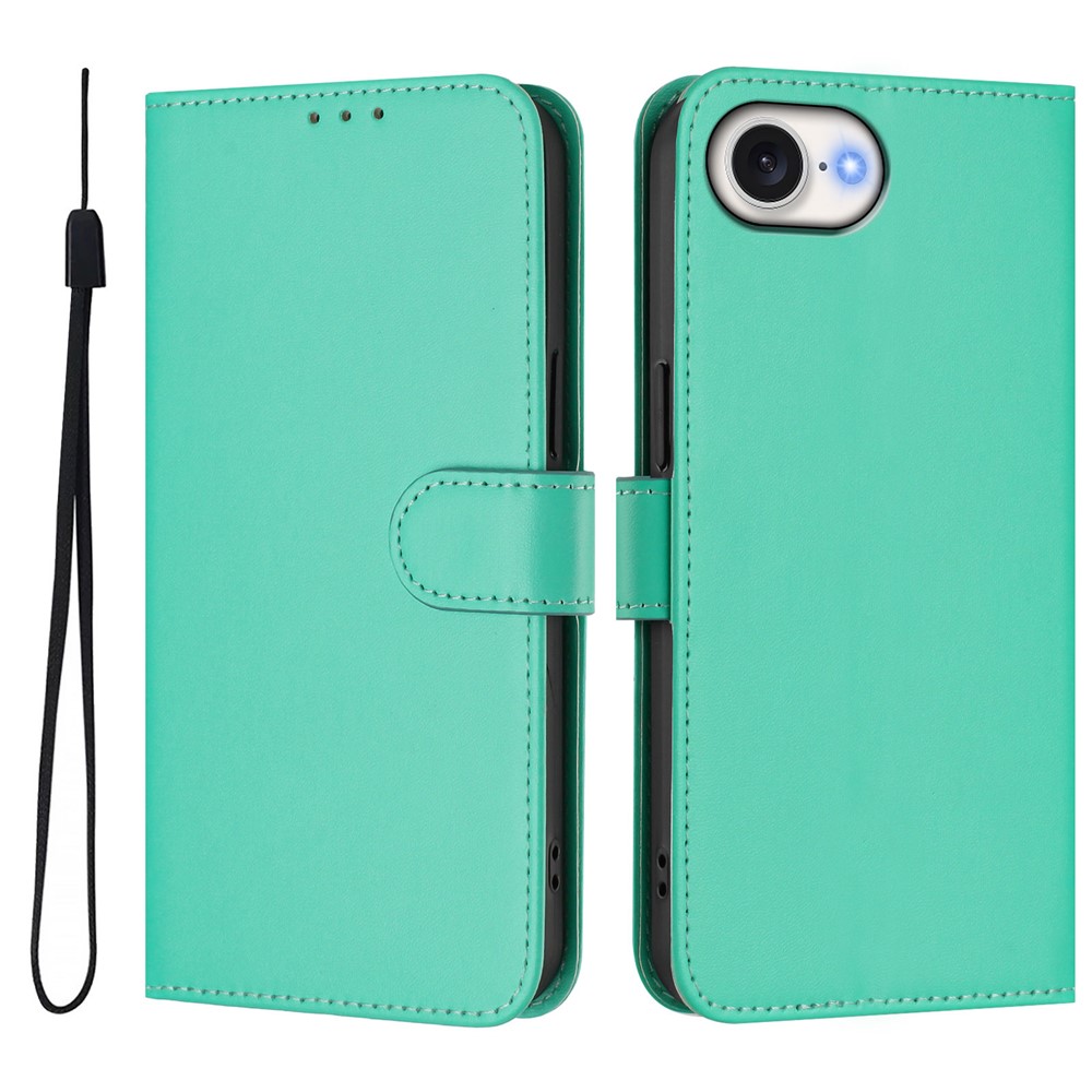 For iPhone 16e Case Solid Color Wallet Leather Phone Cover with Strap - Green