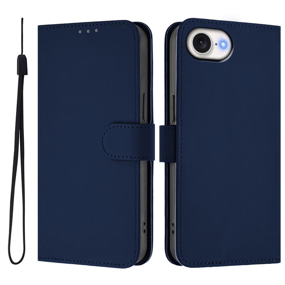 For iPhone 16e Case Solid Color Wallet Leather Phone Cover with Strap - Navy Blue