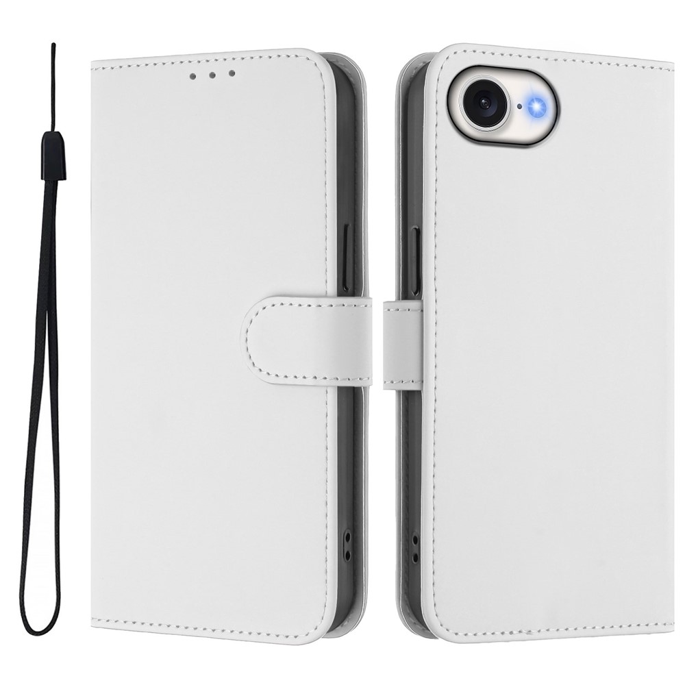 For iPhone 16e Case Solid Color Wallet Leather Phone Cover with Strap - White