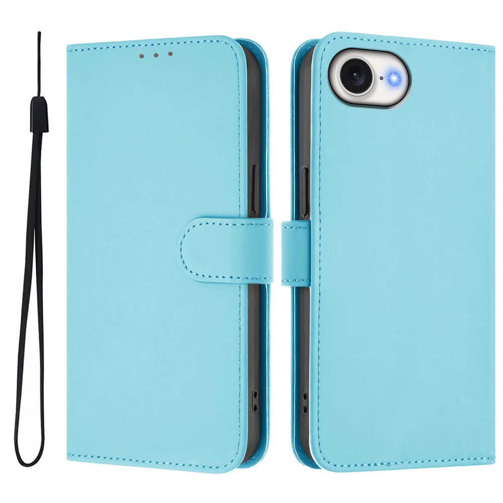For iPhone 16e Case Solid Color Wallet Leather Phone Cover with Strap - Sky Blue