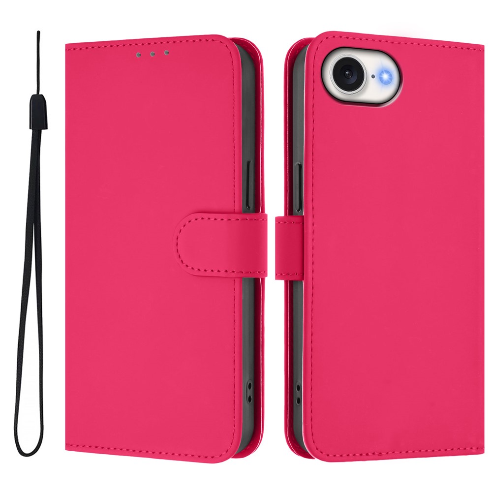 For iPhone 16e Case Solid Color Wallet Leather Phone Cover with Strap - Rose Red