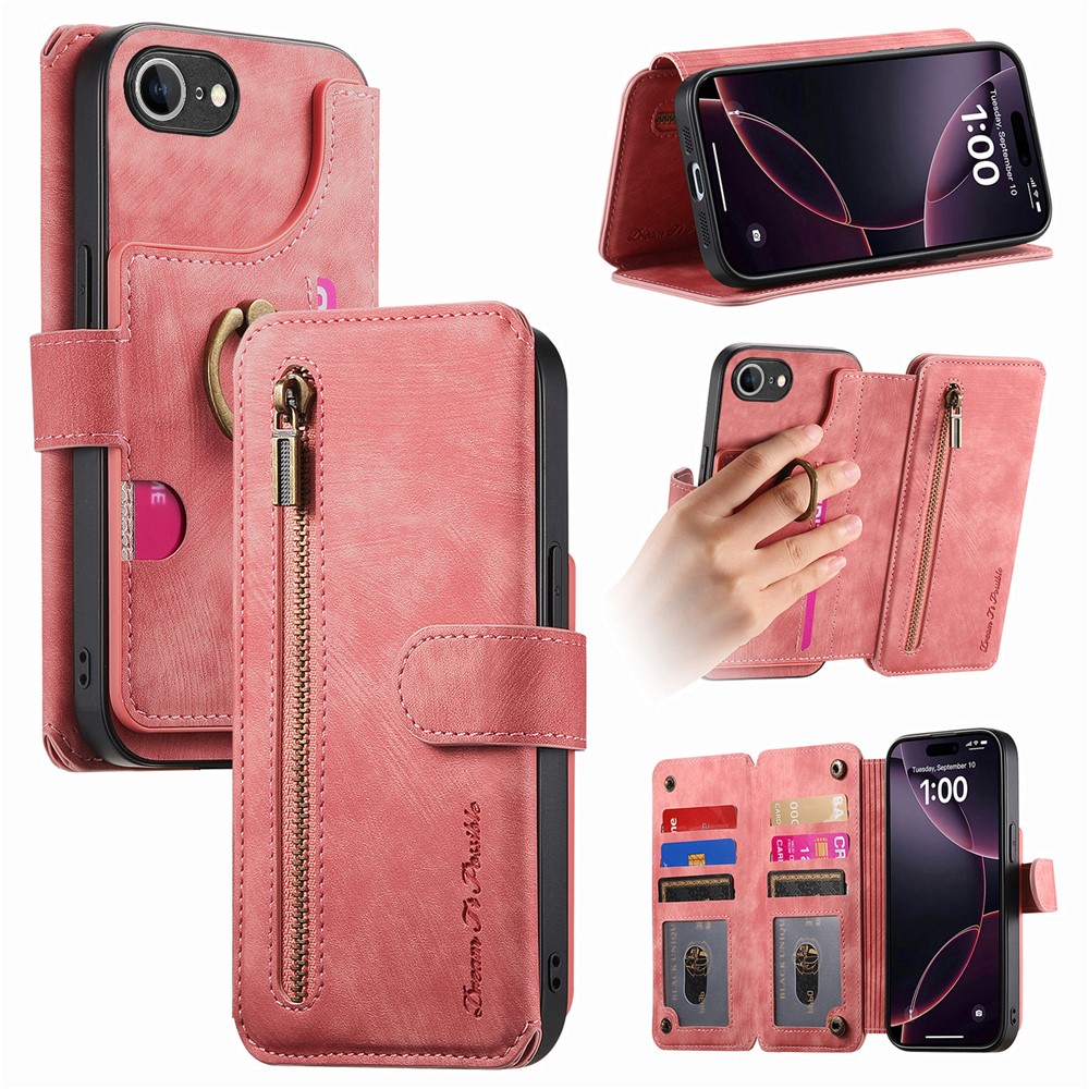 For iPhone 16e Leather Phone Back Cover with RFID Blocking Zipper Wallet Kickstand - Pink