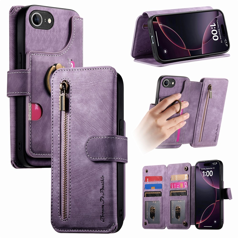 For iPhone 16e Leather Phone Back Cover with RFID Blocking Zipper Wallet Kickstand - Purple