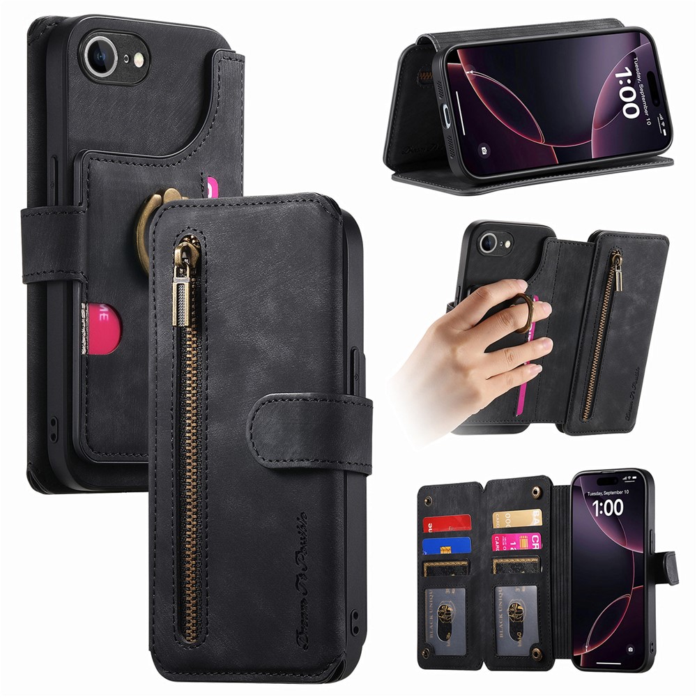For iPhone 16e Leather Phone Back Cover with RFID Blocking Zipper Wallet Kickstand - Black