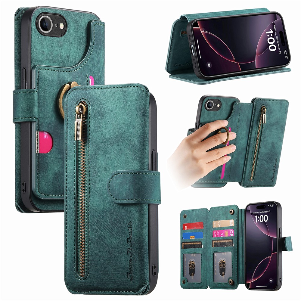 For iPhone 16e Leather Phone Back Cover with RFID Blocking Zipper Wallet Kickstand - Green
