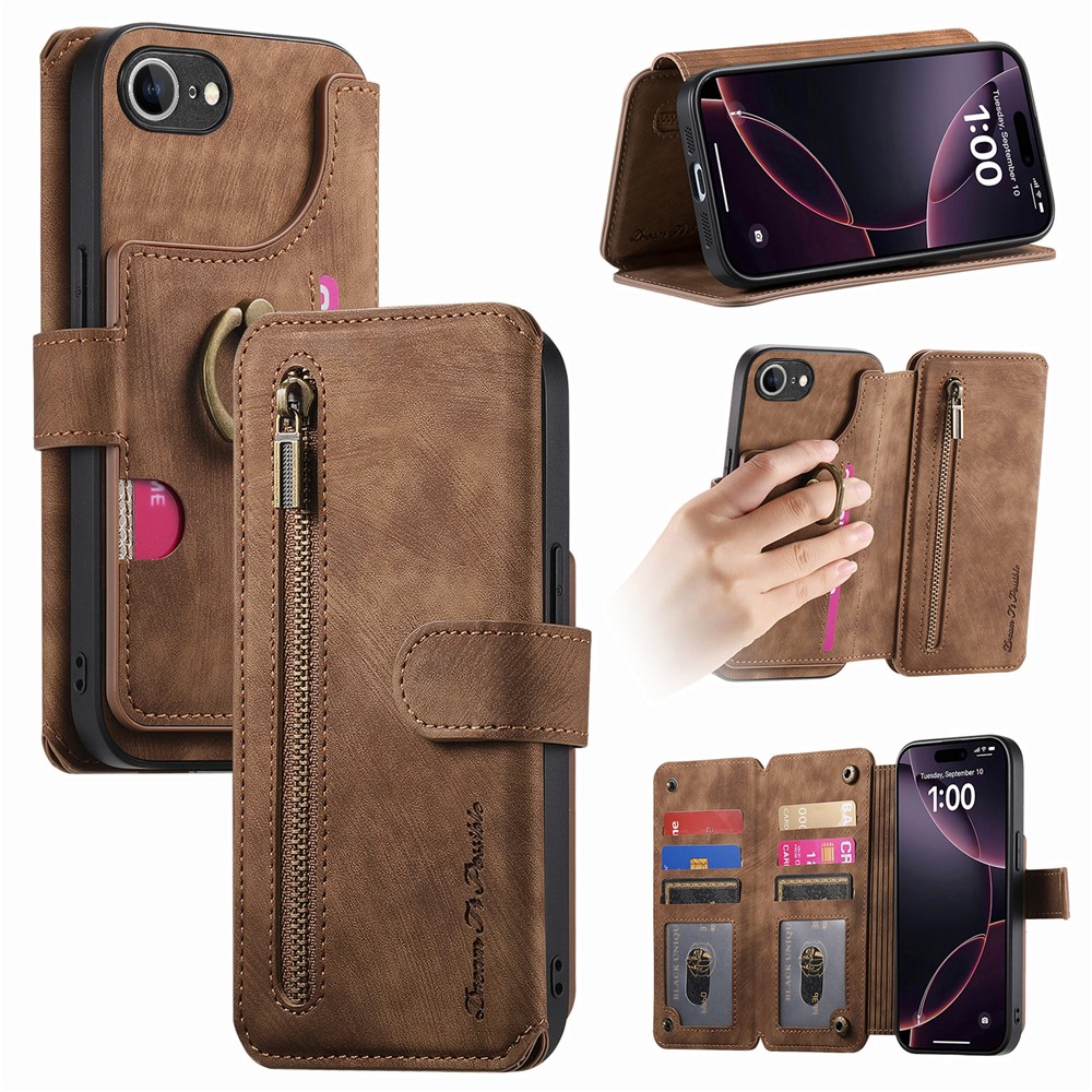 For iPhone 16e Leather Phone Back Cover with RFID Blocking Zipper Wallet Kickstand - Brown