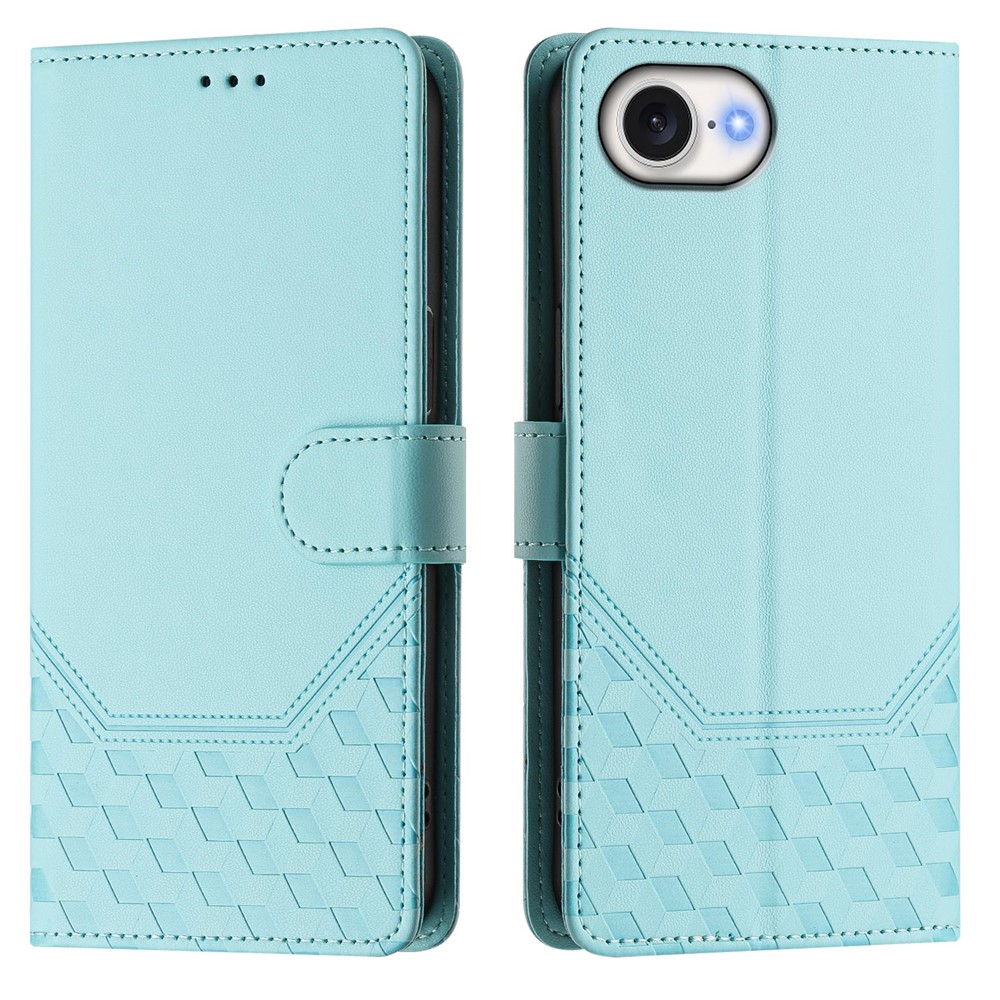 For iPhone 16e Case Imprinted Honeycomb RFID Blocking Leather Phone Cover with Strap - Mint Green