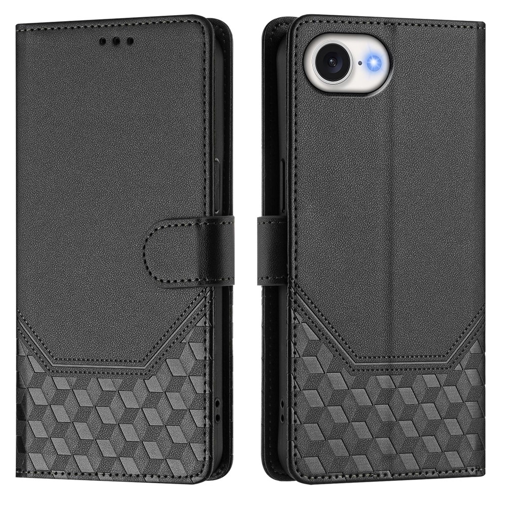For iPhone 16e Case Imprinted Honeycomb RFID Blocking Leather Phone Cover with Strap - Black