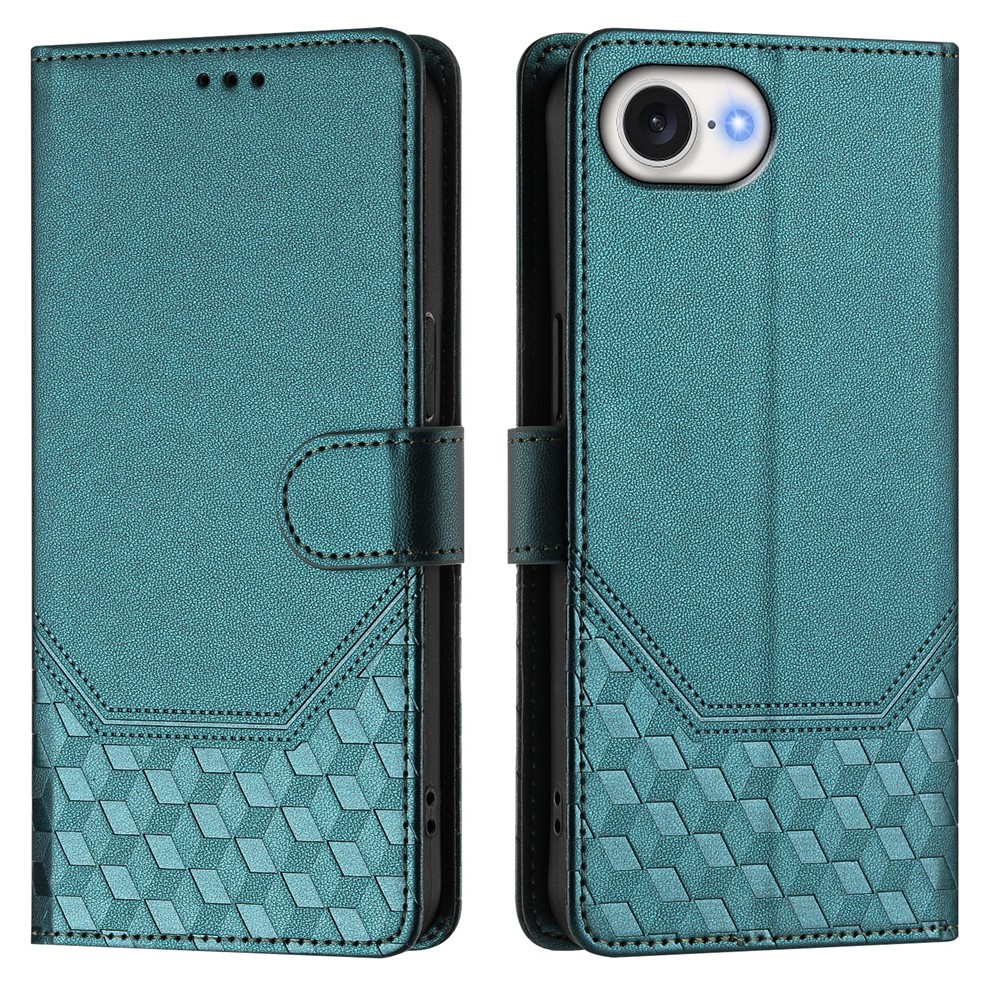 For iPhone 16e Case Imprinted Honeycomb RFID Blocking Leather Phone Cover with Strap - Green