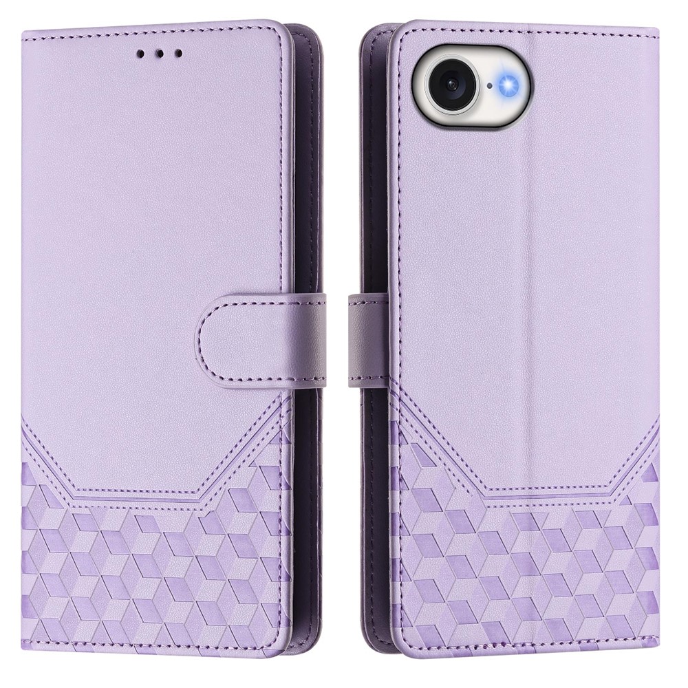 For iPhone 16e Case Imprinted Honeycomb RFID Blocking Leather Phone Cover with Strap - Light Purple