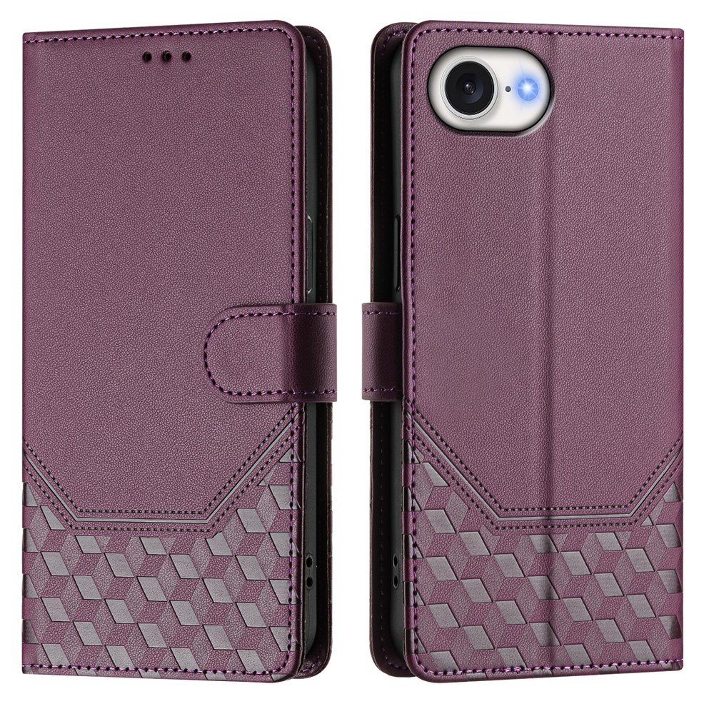 For iPhone 16e Case Imprinted Honeycomb RFID Blocking Leather Phone Cover with Strap - Dark Purple
