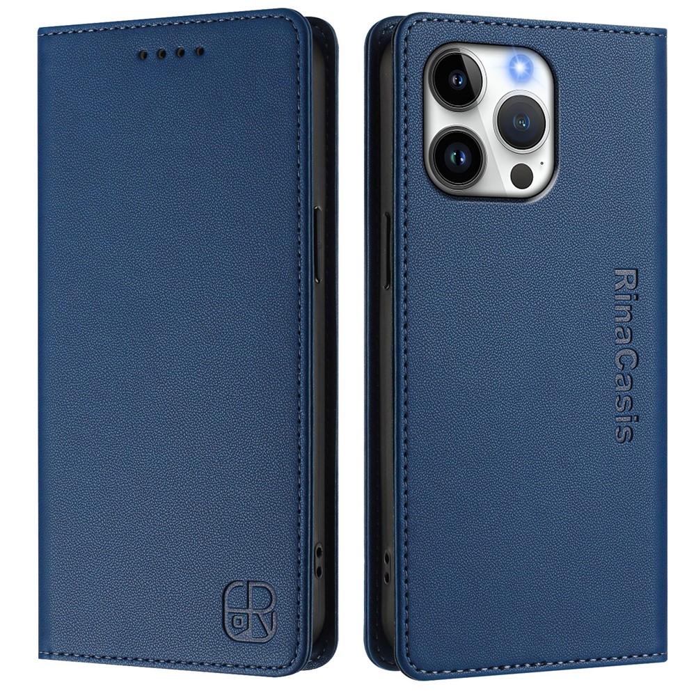 For iPhone 16 Pro Max Leather Case RINACASIS RC01 Phone Cover with RFID Blocking Wallet Stand - Dark Blue