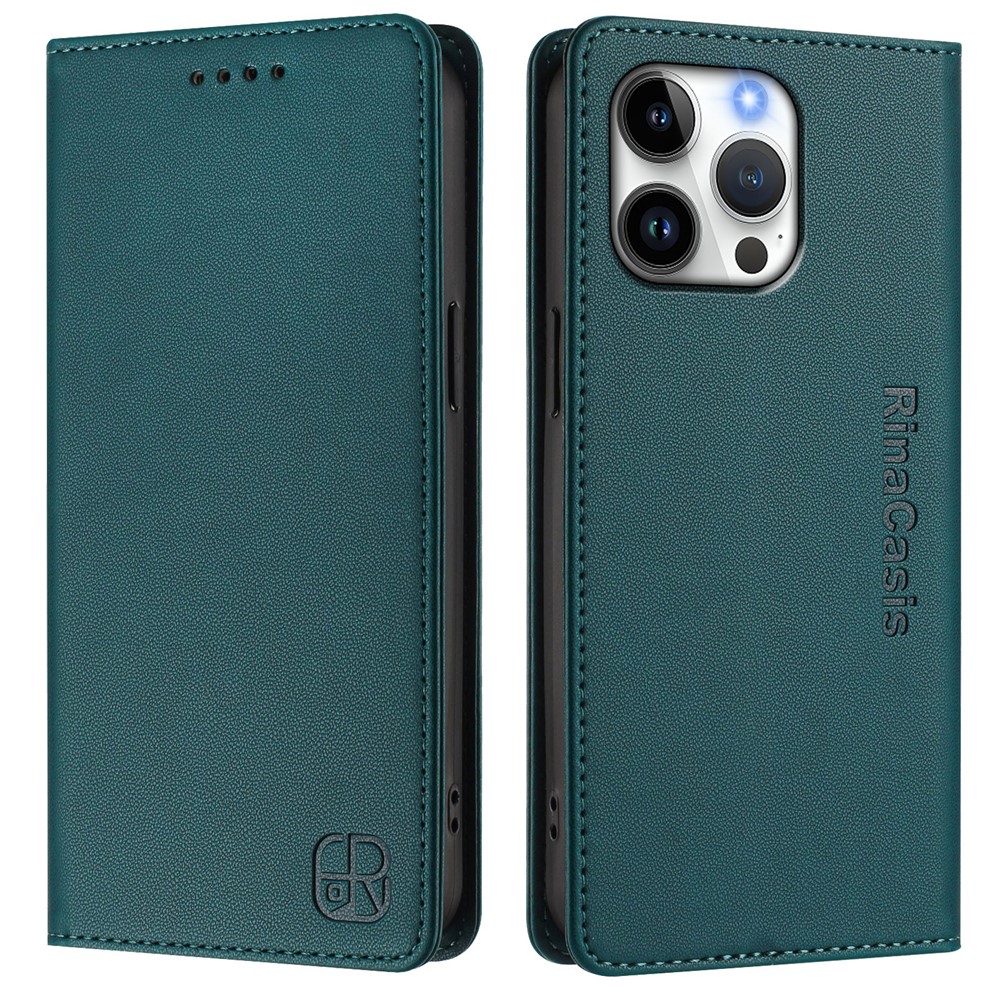 For iPhone 16 Pro Max Leather Case RINACASIS RC01 Phone Cover with RFID Blocking Wallet Stand - Dark Green