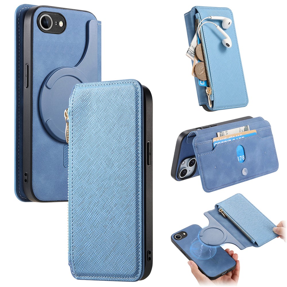 For iPhone 16e Leather Case CASENEO Cross Texture Detachable Magnetic Phone Cover Wallet Stand - Blue