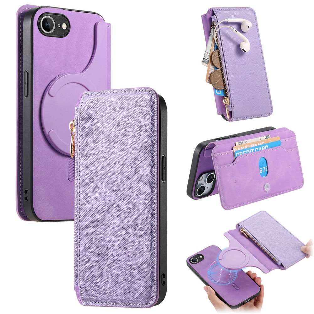 For iPhone 16e Leather Case CASENEO Cross Texture Detachable Magnetic Phone Cover Wallet Stand - Purple