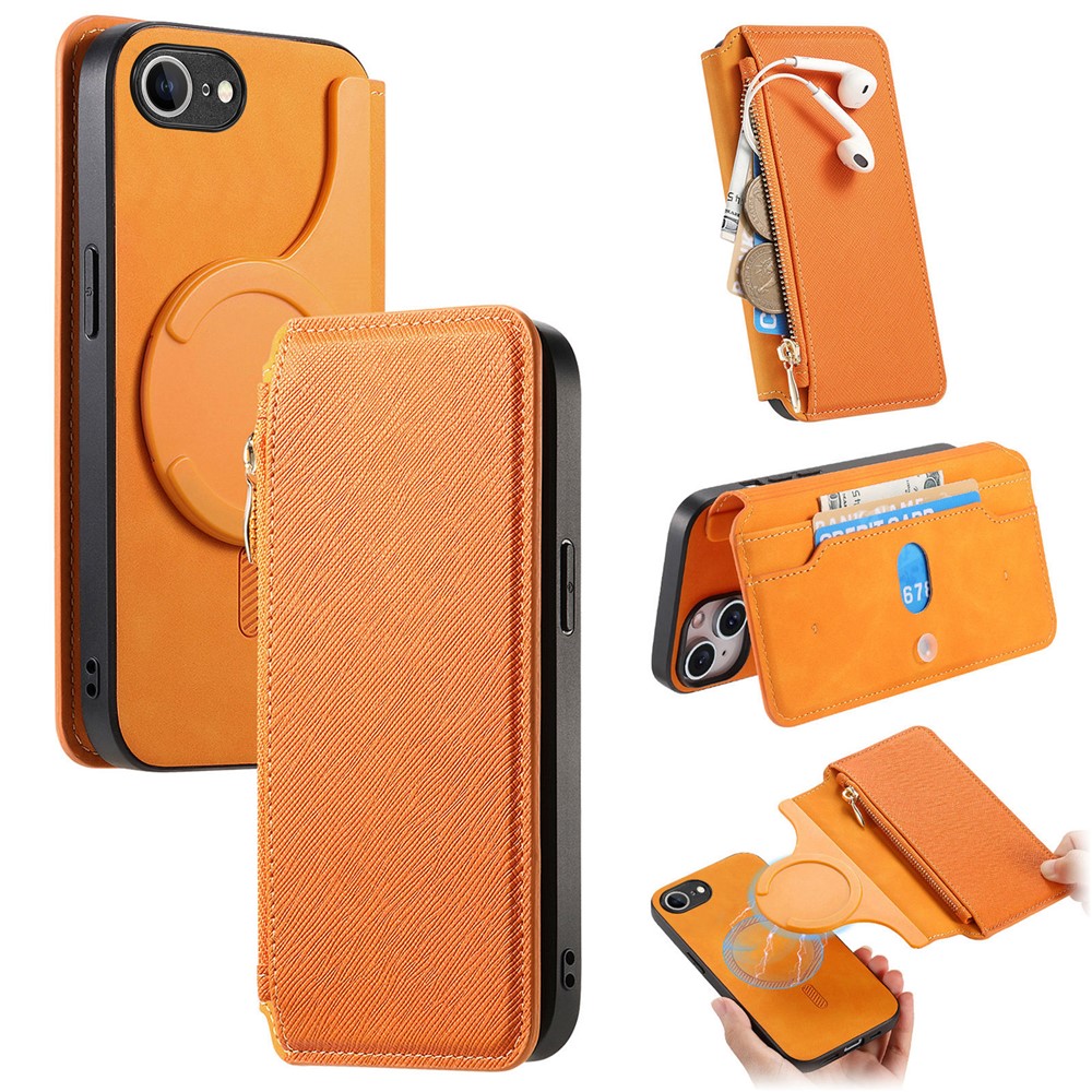 For iPhone 16e Leather Case CASENEO Cross Texture Detachable Magnetic Phone Cover Wallet Stand - Yellow