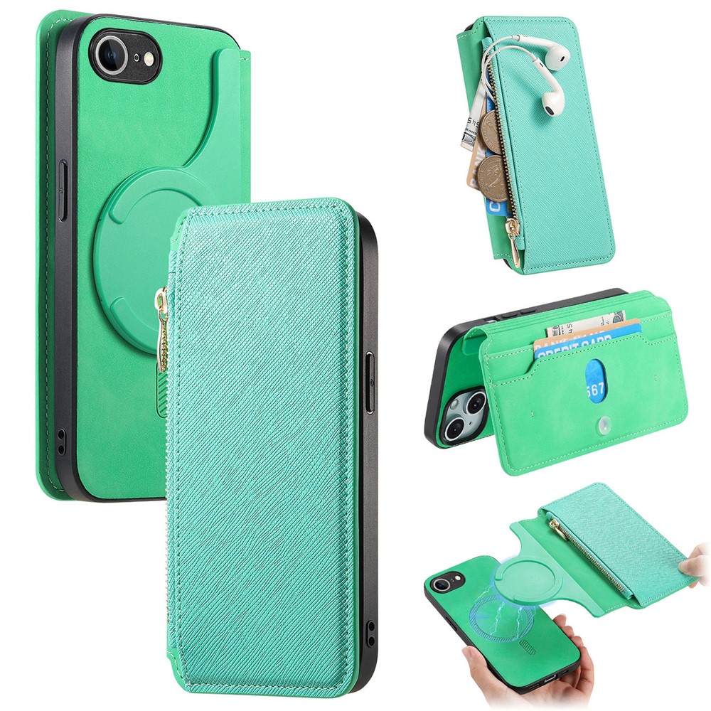 For iPhone 16e Leather Case CASENEO Cross Texture Detachable Magnetic Phone Cover Wallet Stand - Green