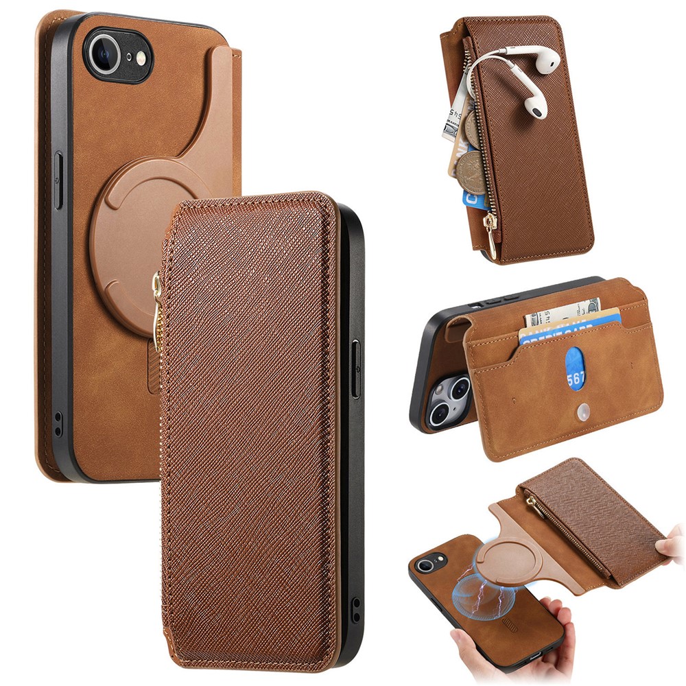 For iPhone 16e Leather Case CASENEO Cross Texture Detachable Magnetic Phone Cover Wallet Stand - Brown