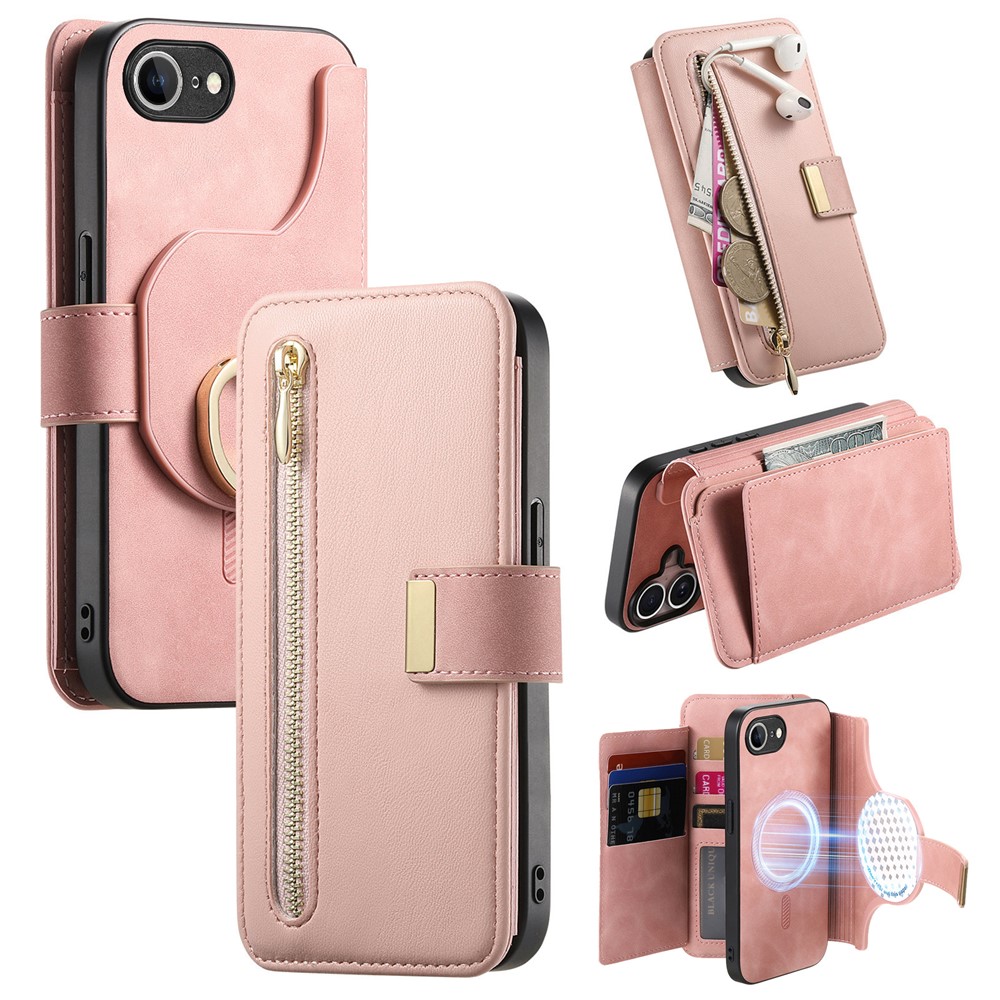 For iPhone 16e Magnetic Leather Case with Detachable RFID Blocking Zipper Wallet Cover - Pink