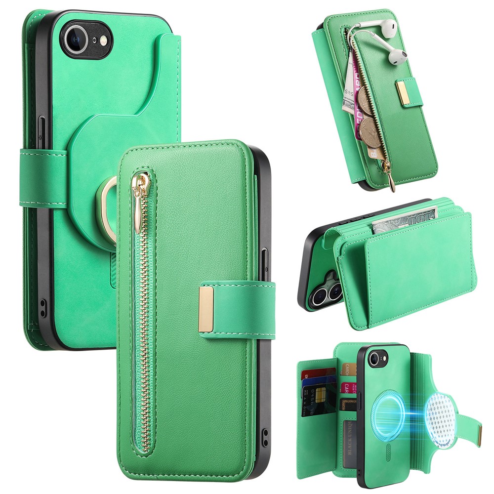 For iPhone 16e Magnetic Leather Case with Detachable RFID Blocking Zipper Wallet Cover - Green