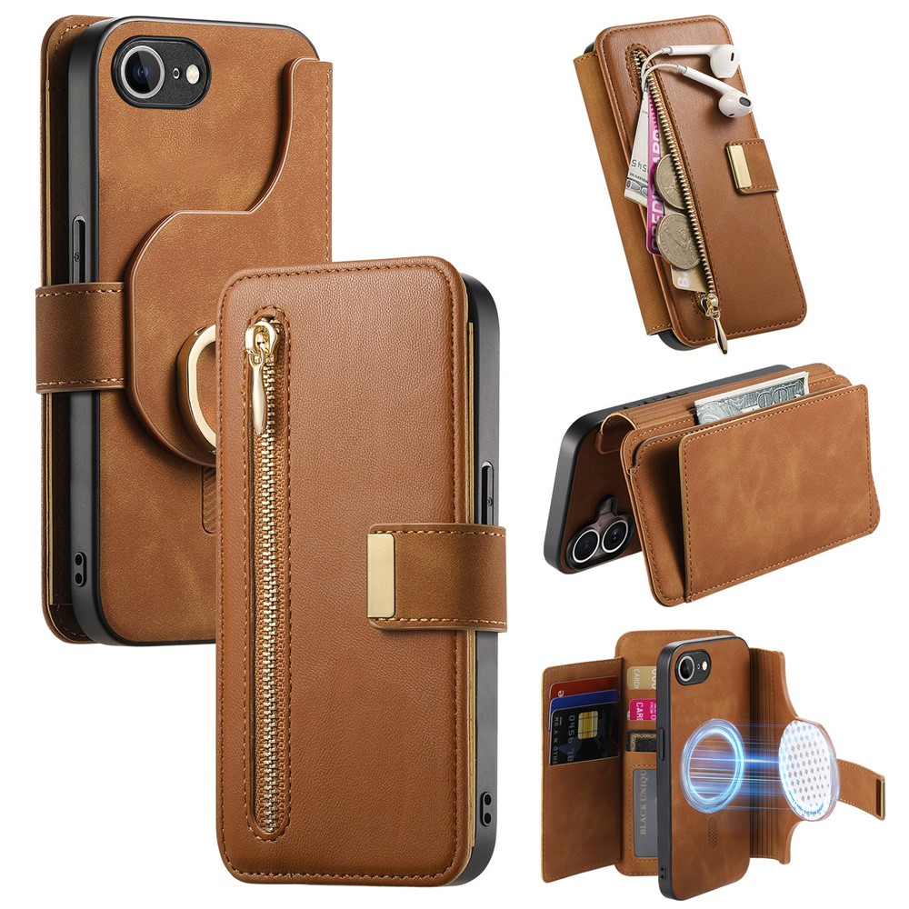 For iPhone 16e Magnetic Leather Case with Detachable RFID Blocking Zipper Wallet Cover - Brown