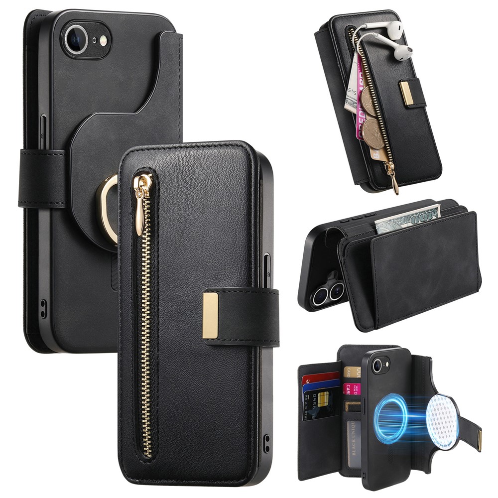 For iPhone 16e Magnetic Leather Case with Detachable RFID Blocking Zipper Wallet Cover - Black