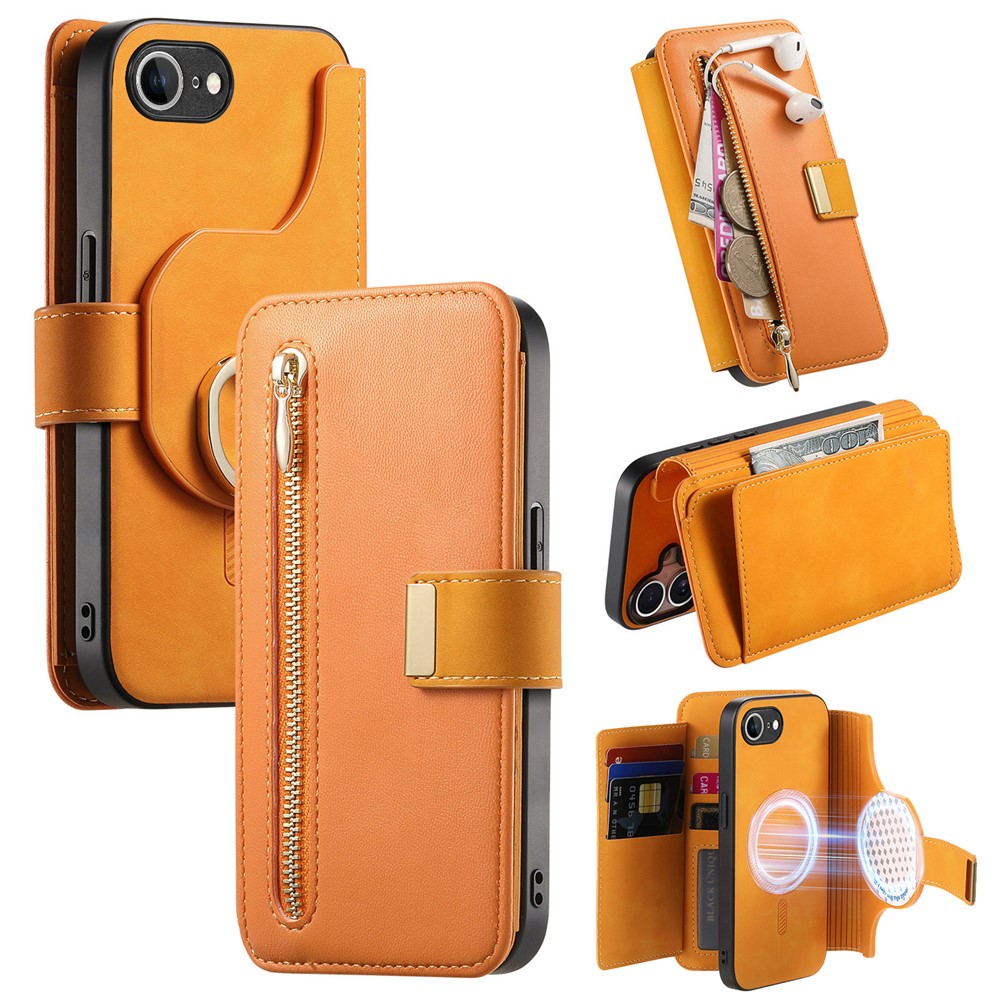 For iPhone 16e Magnetic Leather Case with Detachable RFID Blocking Zipper Wallet Cover - Yellow