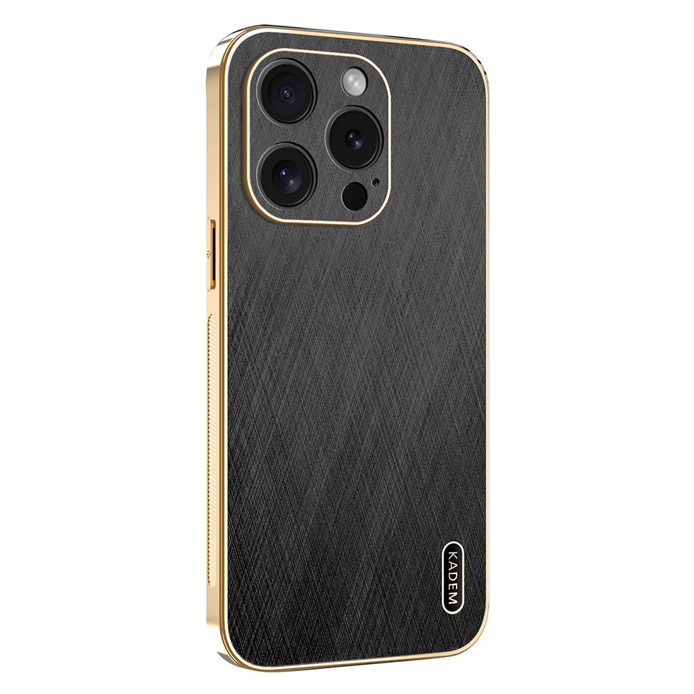 KADEM For iPhone 15 Pro Case Electroplating Silk Texture PU + TPU Phone Back Cover - Black