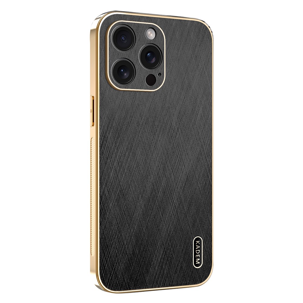 KADEM For iPhone 15 Pro Max Case Electroplating Silk Texture PU + TPU Phone Back Cover - Black