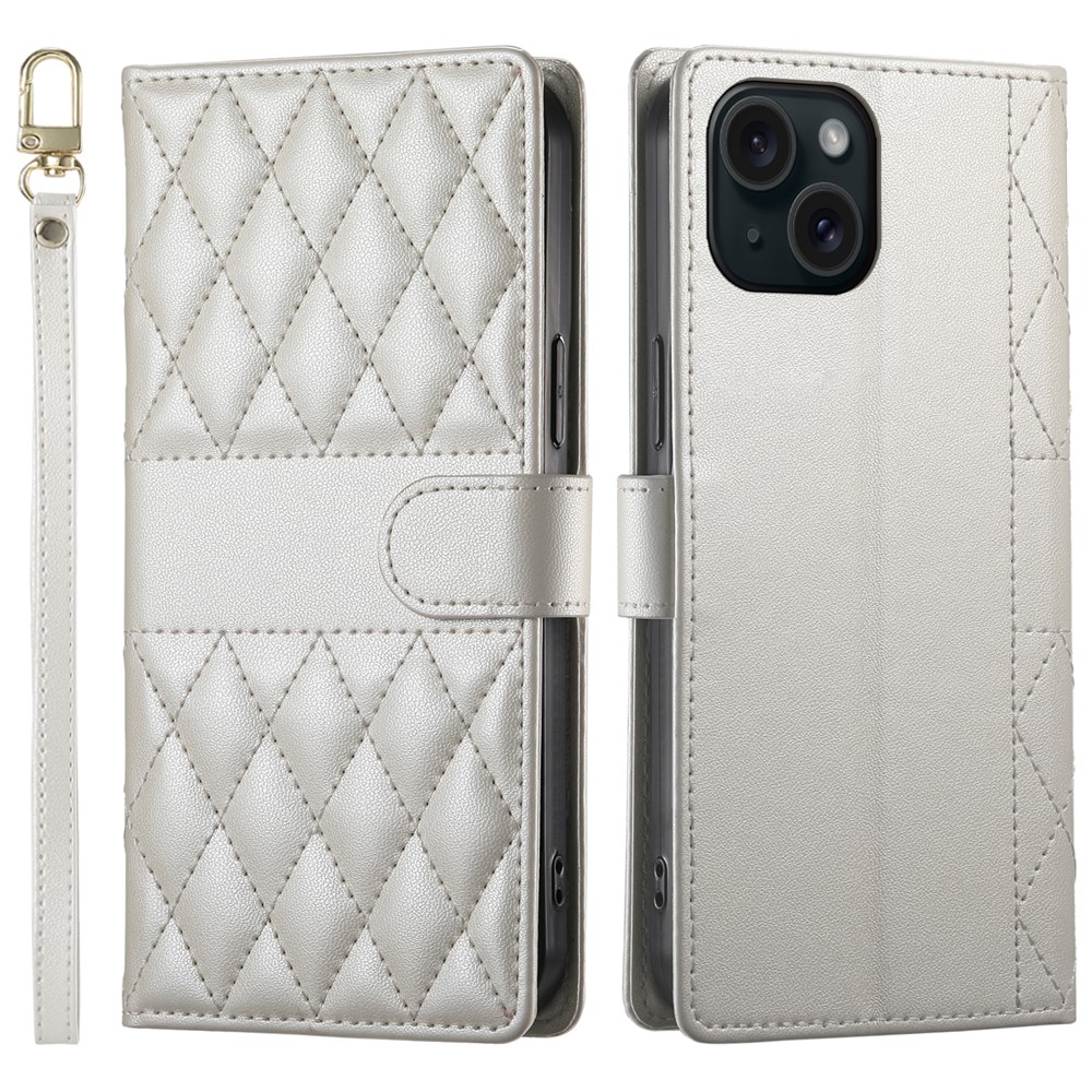 For iPhone 15 Case Rhombus Stitching Wallet Stand Leather Phone Cover with Long  /  Short Strap - Beige