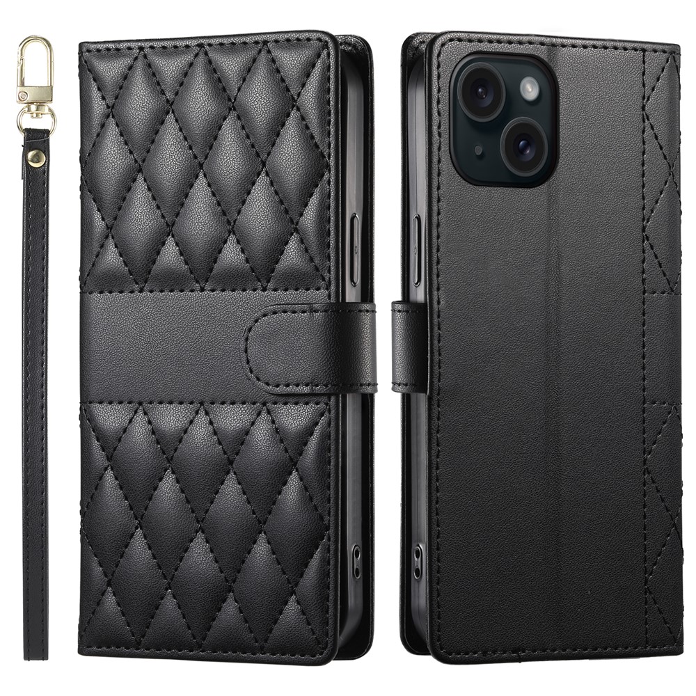 For iPhone 15 Case Rhombus Stitching Wallet Stand Leather Phone Cover with Long  /  Short Strap - Black
