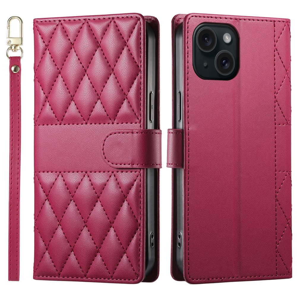 For iPhone 15 Case Rhombus Stitching Wallet Stand Leather Phone Cover with Long  /  Short Strap - Red