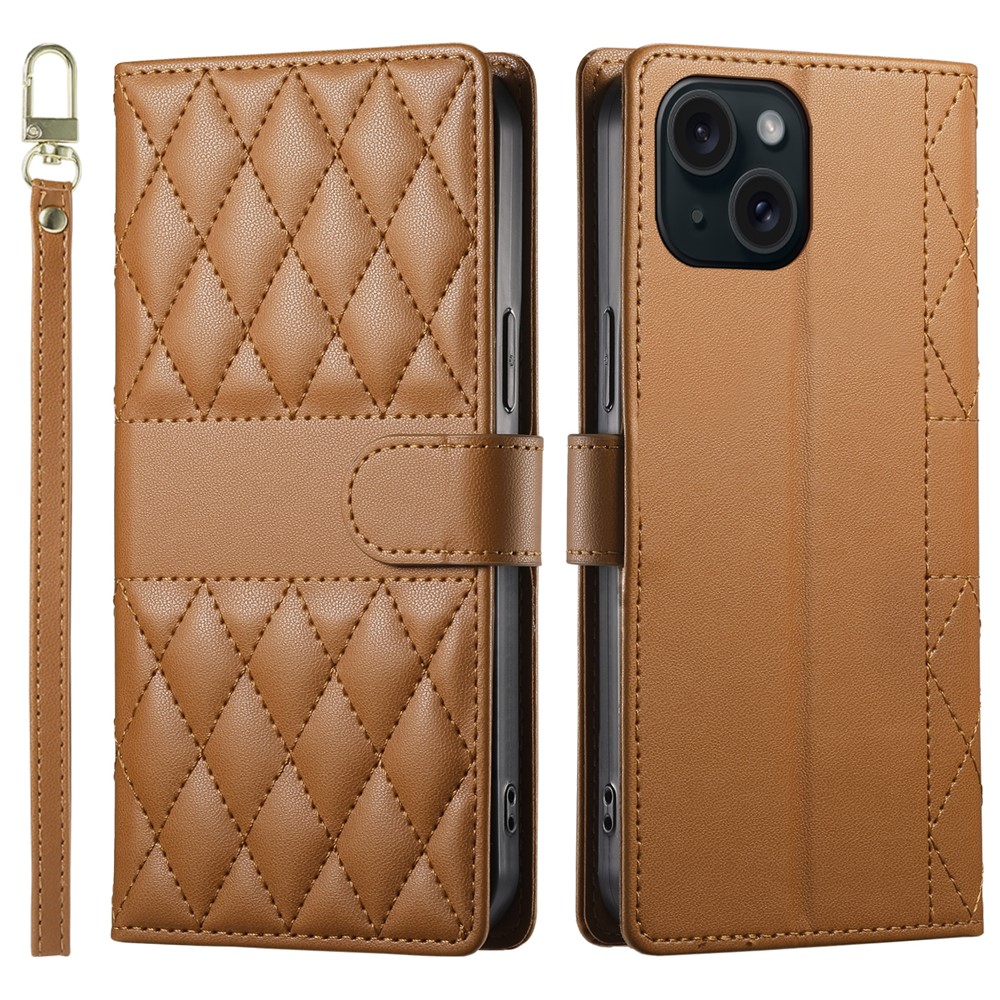 For iPhone 15 Case Rhombus Stitching Wallet Stand Leather Phone Cover with Long  /  Short Strap - Brown