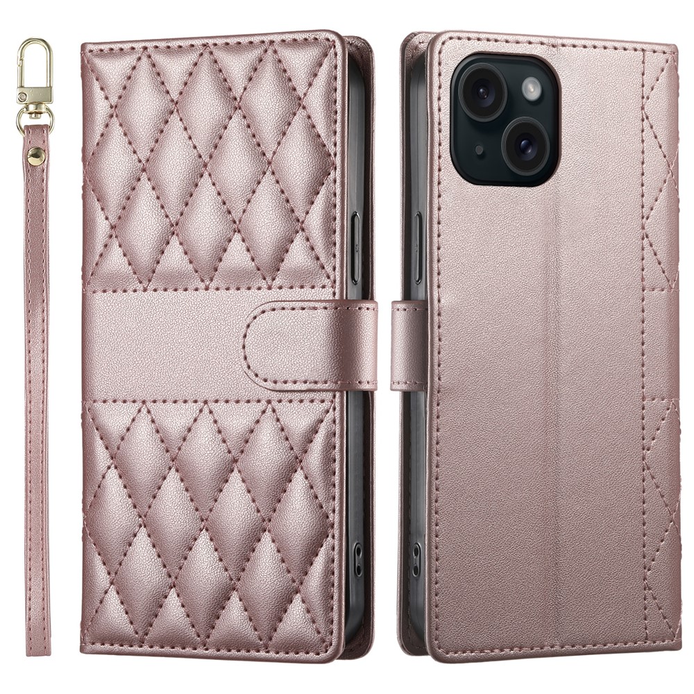 For iPhone 15 Case Rhombus Stitching Wallet Stand Leather Phone Cover with Long  /  Short Strap - Rose Gold