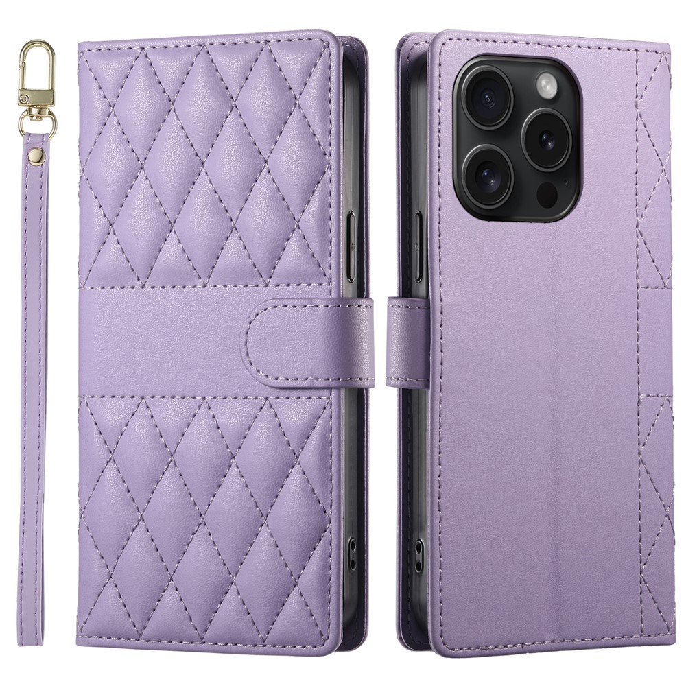 For iPhone 15 Pro Case Rhombus Stitching Wallet Stand Leather Phone Cover with Long  /  Short Strap - Purple