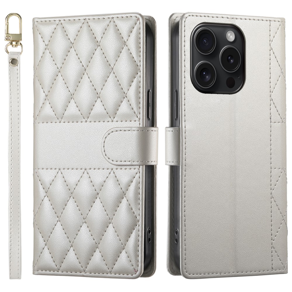 For iPhone 15 Pro Case Rhombus Stitching Wallet Stand Leather Phone Cover with Long  /  Short Strap - Beige