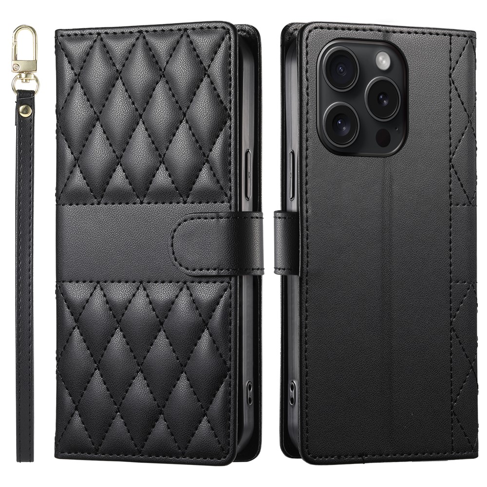 For iPhone 15 Pro Case Rhombus Stitching Wallet Stand Leather Phone Cover with Long  /  Short Strap - Black
