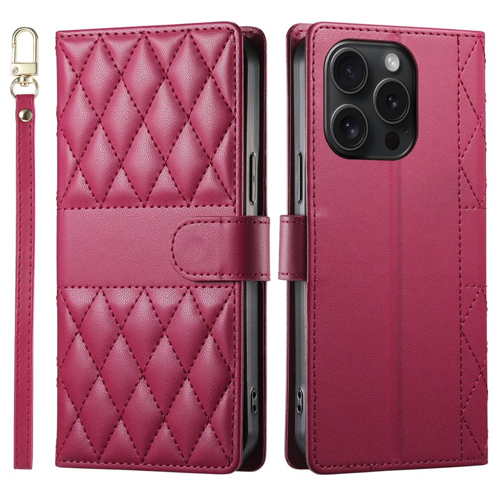 For iPhone 15 Pro Case Rhombus Stitching Wallet Stand Leather Phone Cover with Long  /  Short Strap - Red