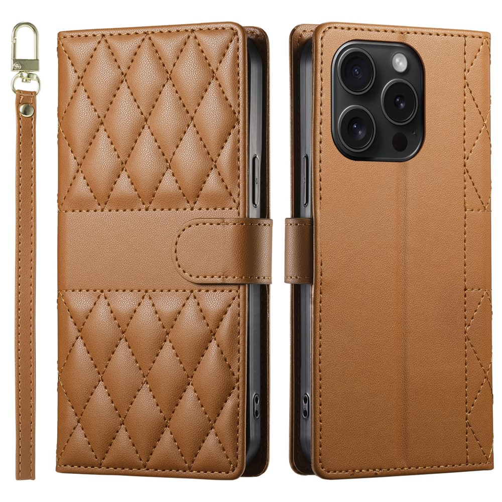 For iPhone 15 Pro Case Rhombus Stitching Wallet Stand Leather Phone Cover with Long  /  Short Strap - Brown