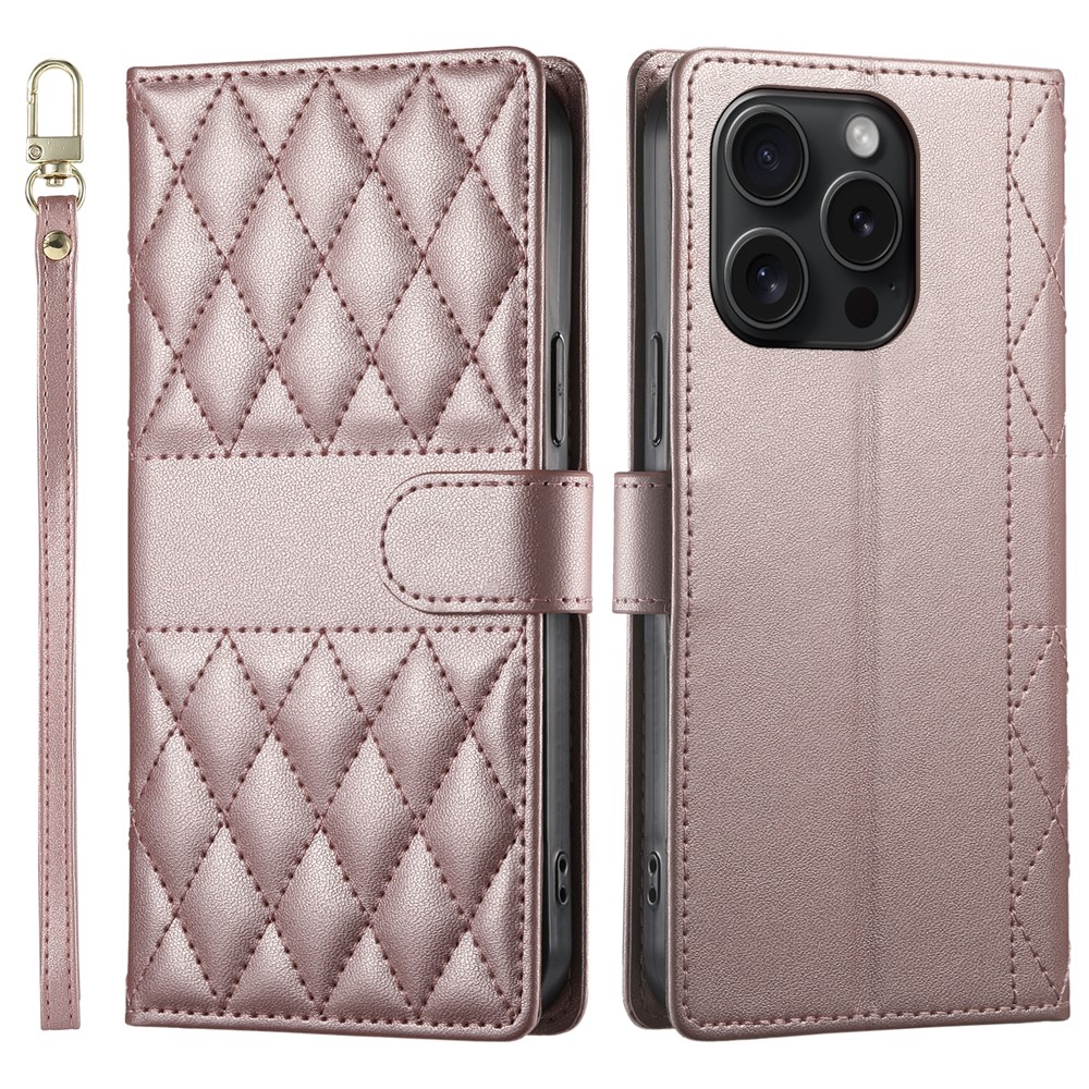 For iPhone 15 Pro Case Rhombus Stitching Wallet Stand Leather Phone Cover with Long  /  Short Strap - Rose Gold