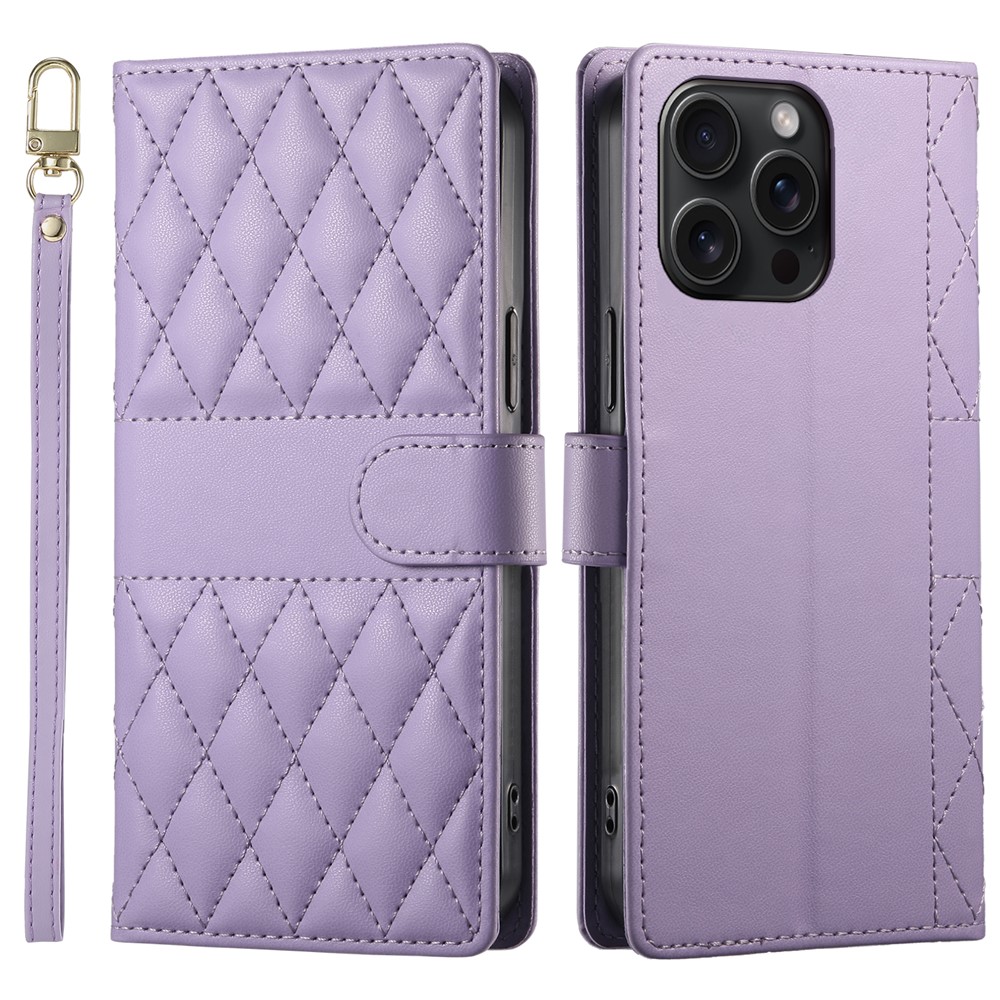 For iPhone 15 Pro Max Case Rhombus Stitching Wallet Stand Leather Phone Cover with Long  /  Short Strap - Purple