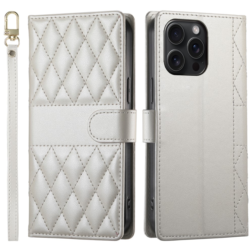For iPhone 15 Pro Max Case Rhombus Stitching Wallet Stand Leather Phone Cover with Long  /  Short Strap - Beige