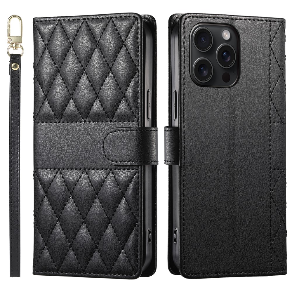For iPhone 15 Pro Max Case Rhombus Stitching Wallet Stand Leather Phone Cover with Long  /  Short Strap - Black