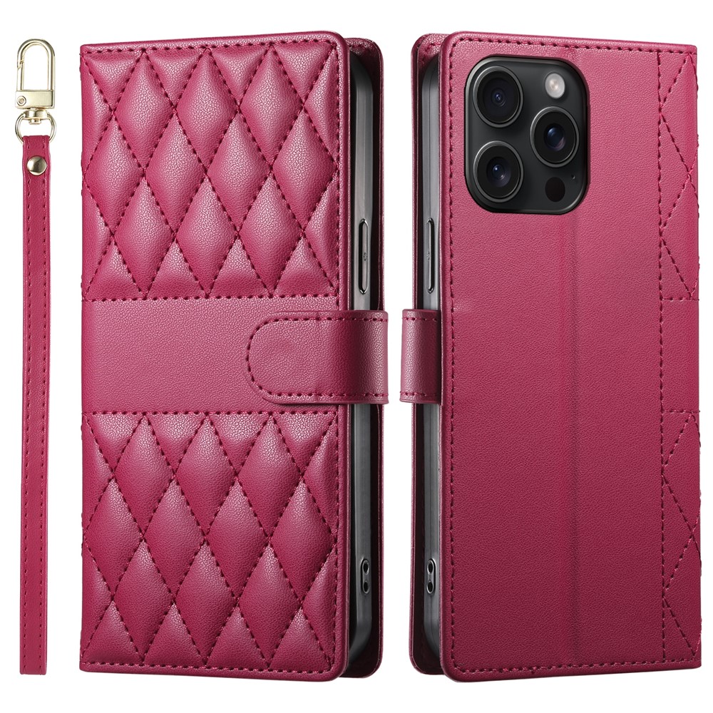 For iPhone 15 Pro Max Case Rhombus Stitching Wallet Stand Leather Phone Cover with Long  /  Short Strap - Red