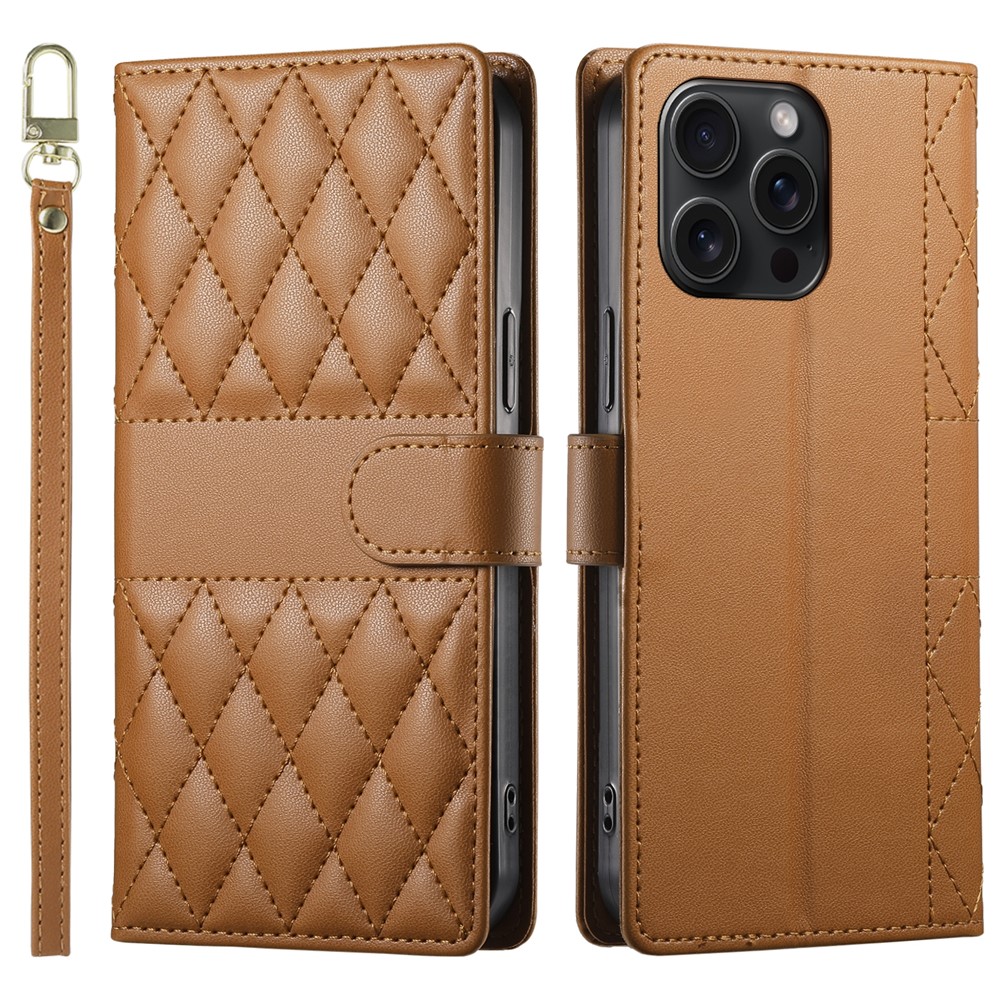 For iPhone 15 Pro Max Case Rhombus Stitching Wallet Stand Leather Phone Cover with Long  /  Short Strap - Brown