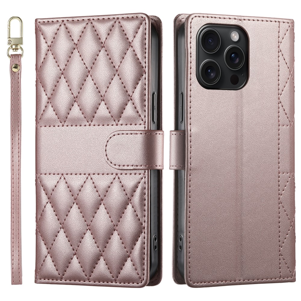 For iPhone 15 Pro Max Case Rhombus Stitching Wallet Stand Leather Phone Cover with Long / Short Strap - Rose Gold