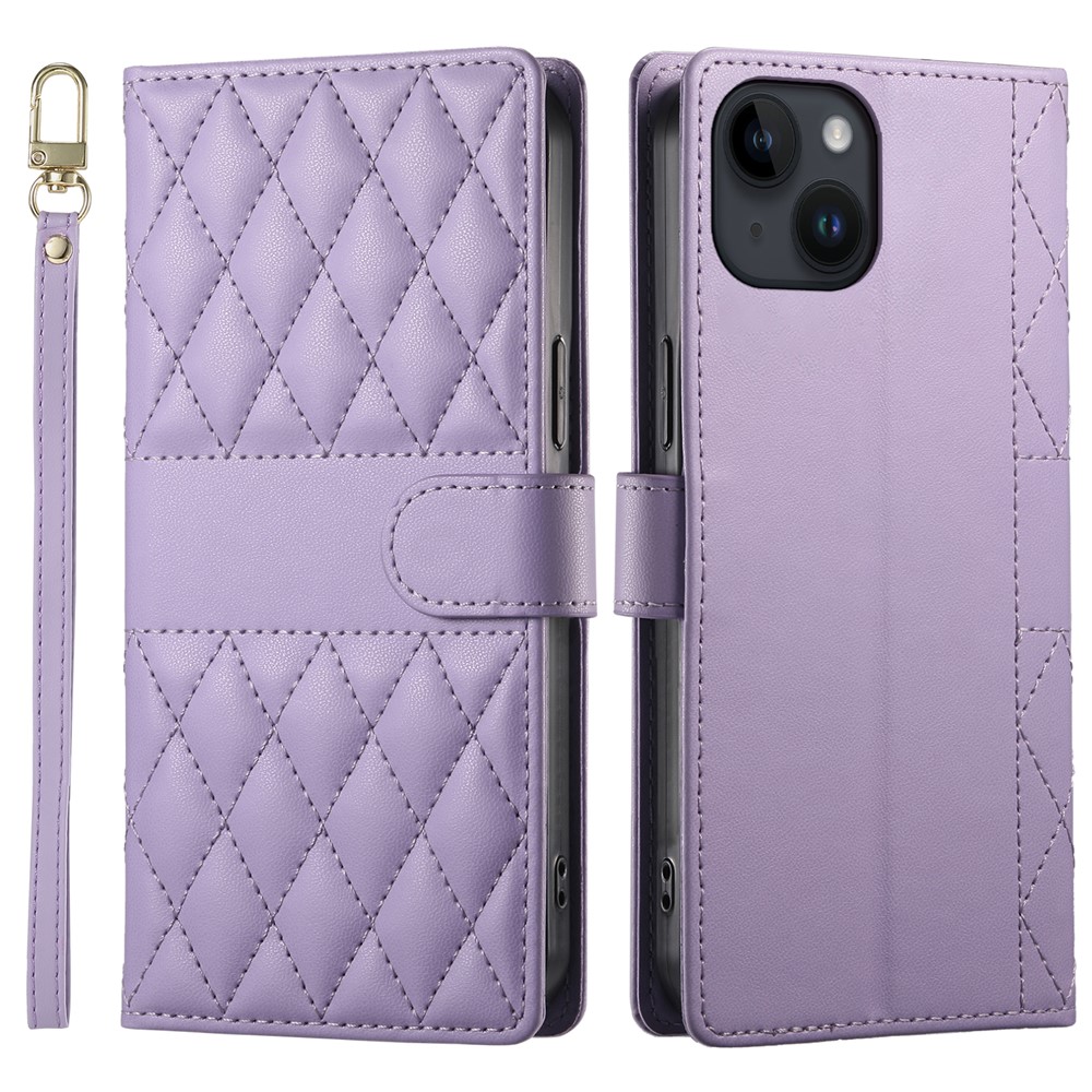 For iPhone 14 Case Rhombus Stitching Wallet Stand Leather Phone Cover with Long  /  Short Strap - Purple