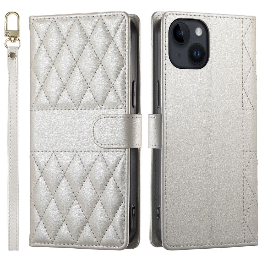 For iPhone 14 Case Rhombus Stitching Wallet Stand Leather Phone Cover with Long  /  Short Strap - Beige