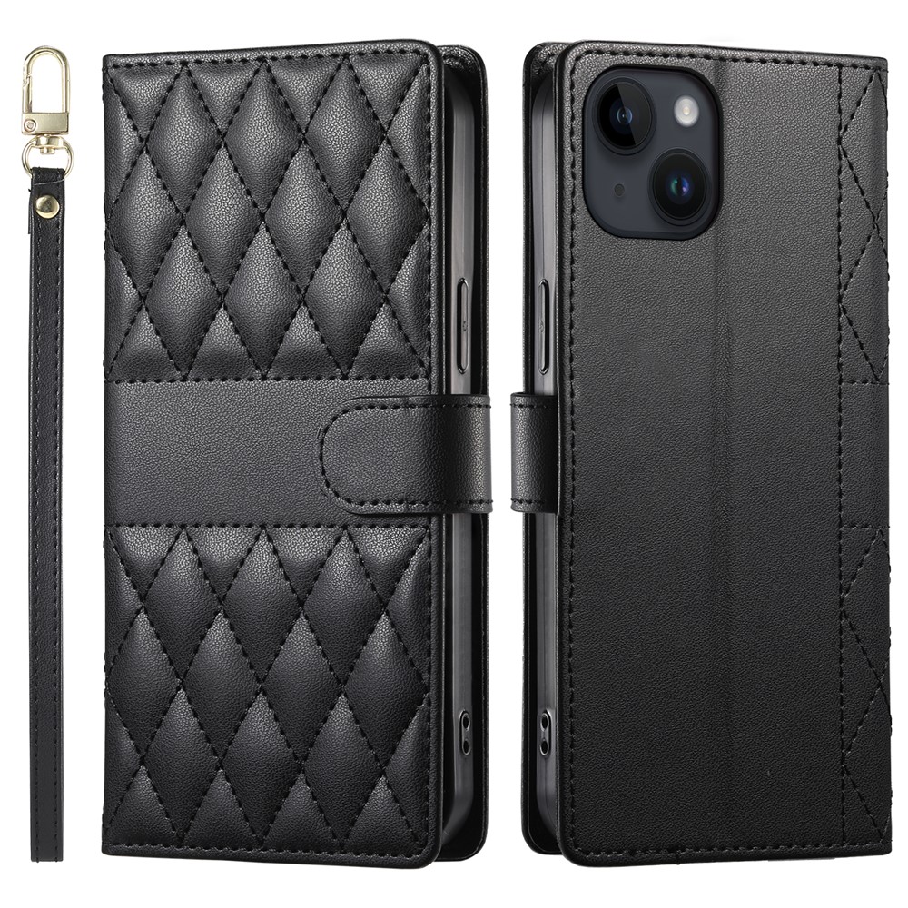 For iPhone 14 Case Rhombus Stitching Wallet Stand Leather Phone Cover with Long  /  Short Strap - Black